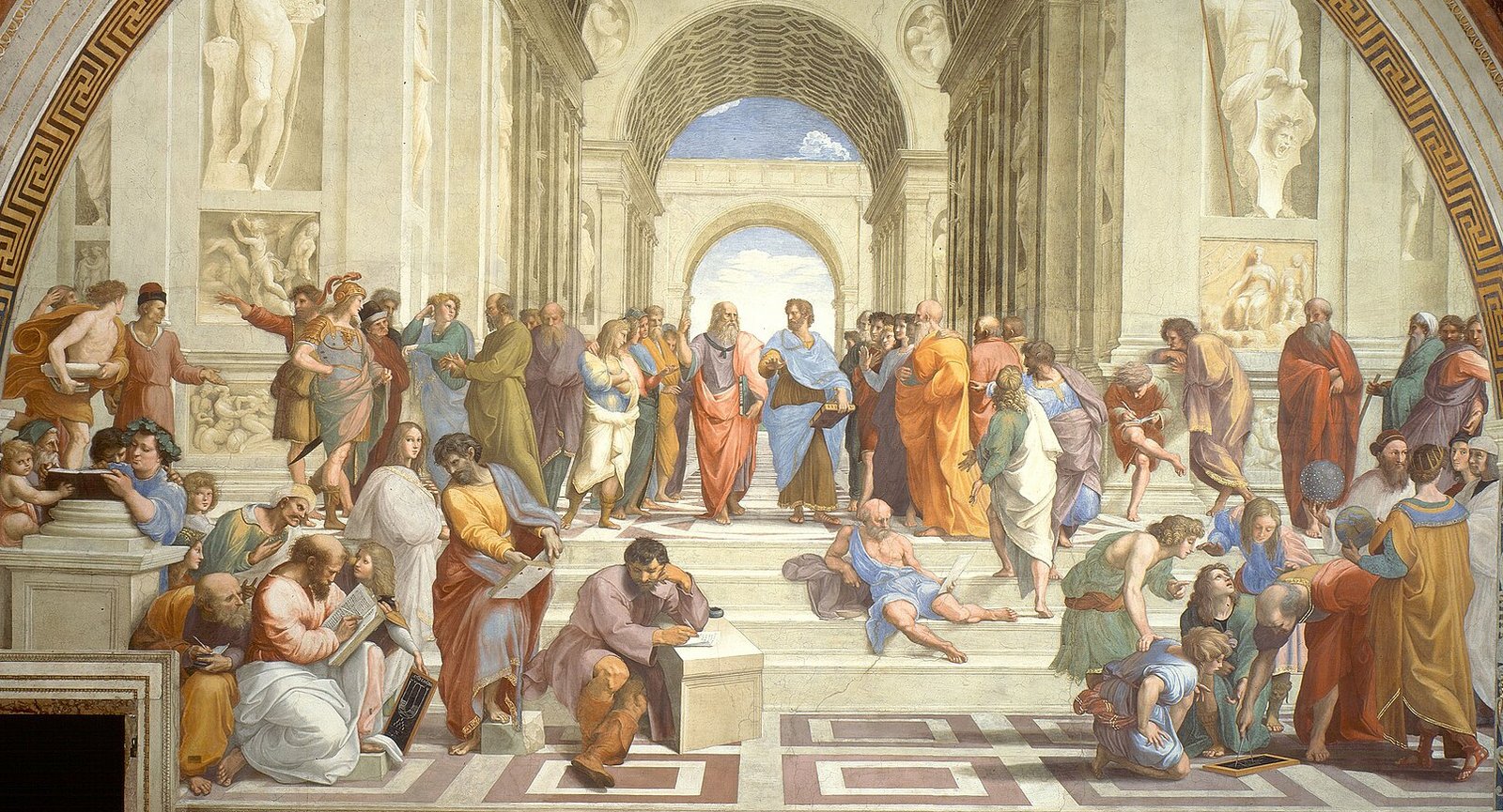 Raphael's fresco of Greek philosophers gathered in a vaulted hall, with Plato and Aristotle walking at the centre.