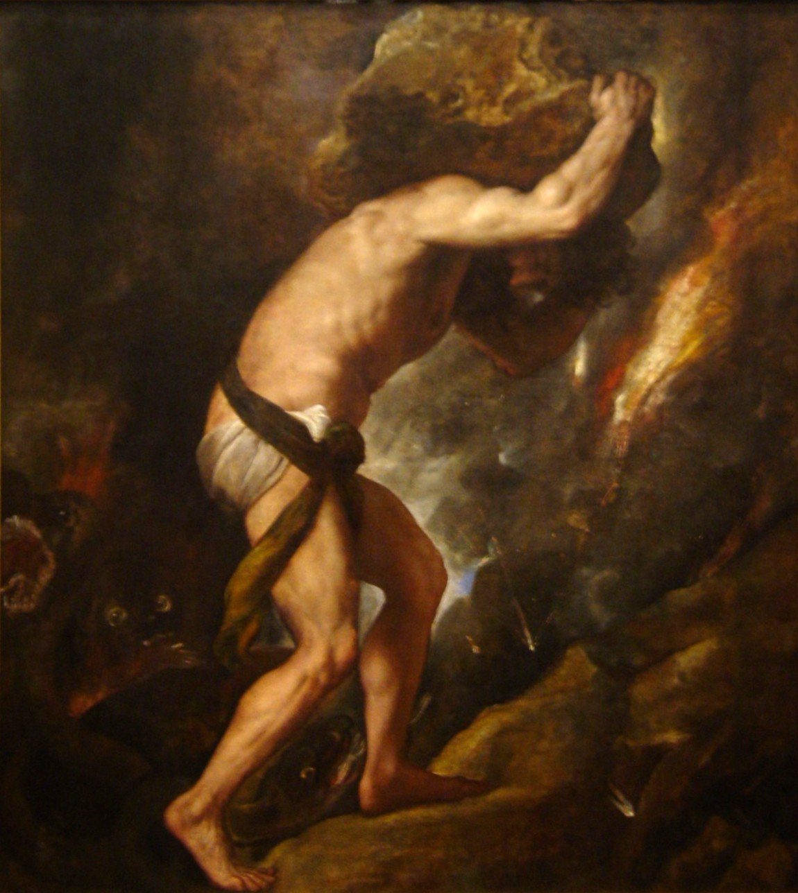 Titian's painting of Sisyphus, bent double, carrying a huge boulder on his shoulders up a dark slope.